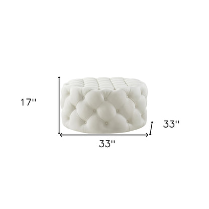 33" Beige Linen  Rolling Tufted Round Cocktail Ottoman