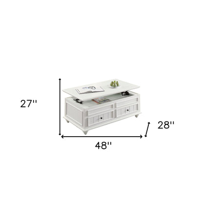 Table basse blanche en bois massif et manufacturé de 48 po avec plateau relevable et deux tiroirs