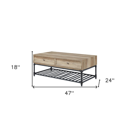 Table basse rectangulaire en placage de papier et métal noir sable et chêne de 47 po avec deux tiroirs et étagère