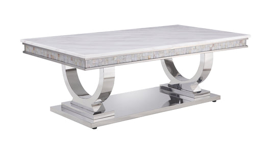 Table basse en faux marbre blanc et argent avec miroir de 51 po