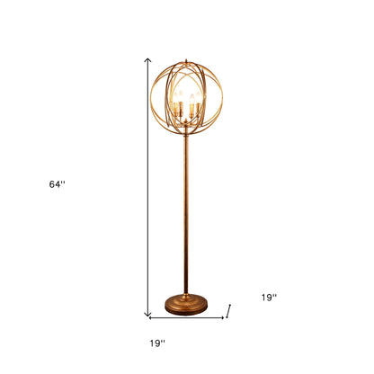 64" Gold Four Light  Floor Lamp With Modern Gold Geometric Globe Shade