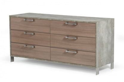 Commode à six tiroirs en bois massif et manufacturé de 64 po en chêne brun gris