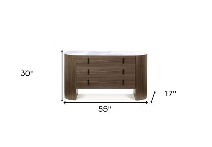 Commode à trois tiroirs en bois massif et manufacturé en marbre et noyer de 55 po