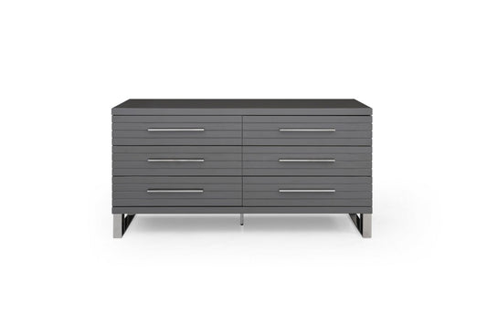 Commode à six tiroirs en bois massif et manufacturé gris de 59 po