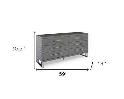 Commode à six tiroirs en bois massif et manufacturé gris de 59 po