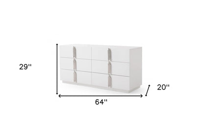 Commode double à six tiroirs en bois massif et manufacturé blanc de 64 po