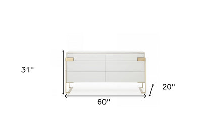 Commode double à six tiroirs en bois massif et manufacturé doré et blanc de 60 po