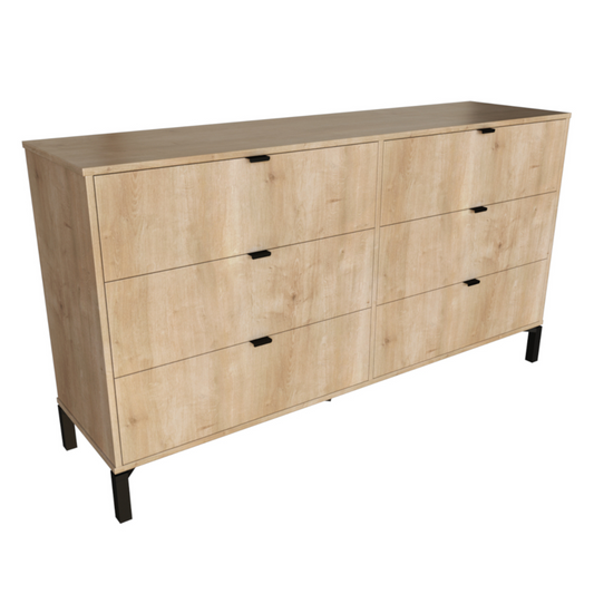 Commode double noire à six tiroirs en bois naturel clair de 59 po