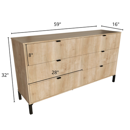 Commode double noire à six tiroirs en bois naturel clair de 59 po