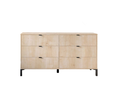 Commode double noire à six tiroirs en bois naturel clair de 59 po