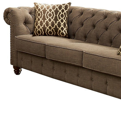 90" Brown Linen Chesterfield Sofa And Toss Pillows