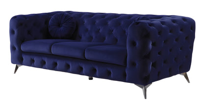 90" Blue Velvet Chesterfield Sofa With Silver Legs