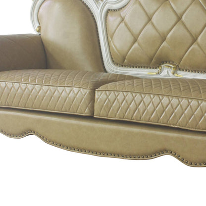 93" Golden Brown Faux Leather Sofa And Toss Pillows With Pearl Legs