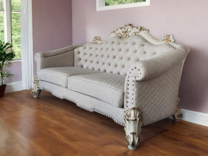 89" Ivory Velvet Sofa And Toss Pillows With Pearl Legs