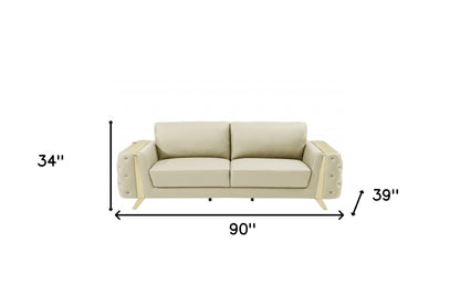 90" Beige Italian Leather Sofa With Gold Legs