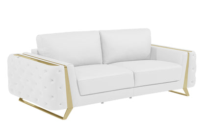 90" White Italian Leather Sofa With Gold Legs