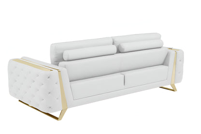 90" White Italian Leather Sofa With Gold Legs