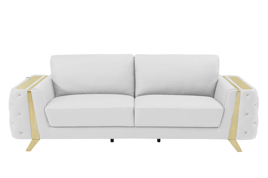 90" White Italian Leather Sofa With Gold Legs