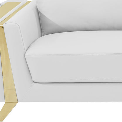 90" White Italian Leather Sofa With Gold Legs