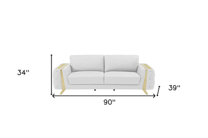 90" White Italian Leather Sofa With Gold Legs