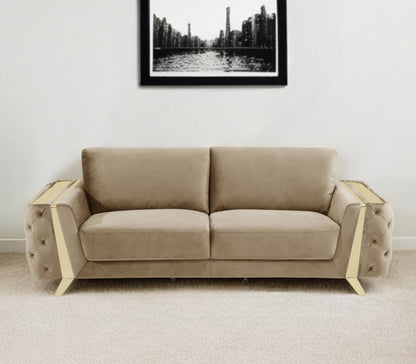 90" Beige Velvet Sofa With Gold Legs