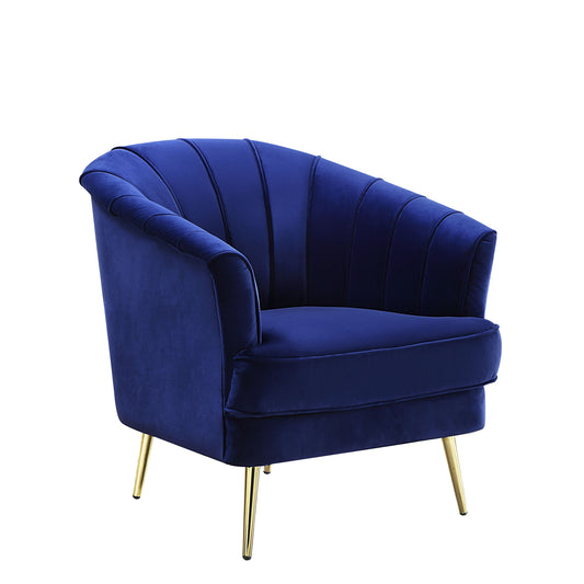 Chaise tonneau en velours bleu et rayures dorées de 31 po