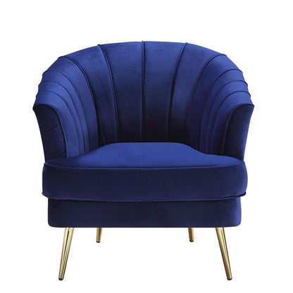 Chaise tonneau en velours bleu et rayures dorées de 31 po