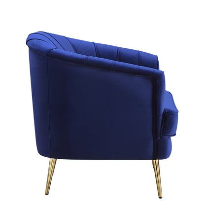 Chaise tonneau en velours bleu et rayures dorées de 31 po