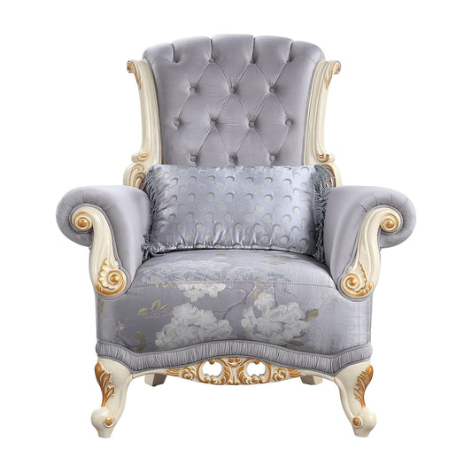 Fauteuil capitonné à motif floral en tissu gris et blanc de 41 po et coussin décoratif