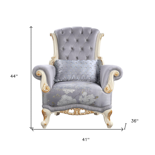 Fauteuil capitonné à motif floral en tissu gris et blanc de 41 po et coussin décoratif