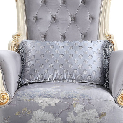 Fauteuil capitonné à motif floral en tissu gris et blanc de 41 po et coussin décoratif