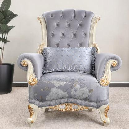 Fauteuil capitonné à motif floral en tissu gris et blanc de 41 po et coussin décoratif