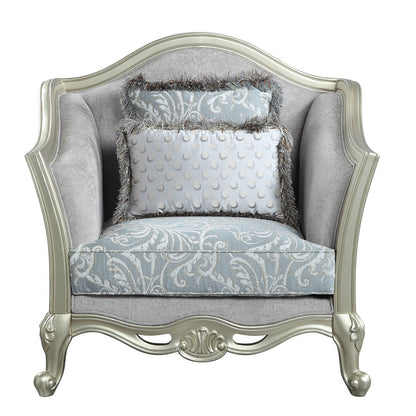 Fauteuil en lin gris clair et motif floral champagne de 44 po