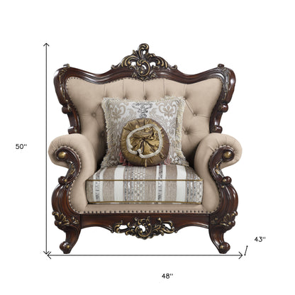 Fauteuil à accoudoirs en lin marron clair et motif floral cerisier de 48 po