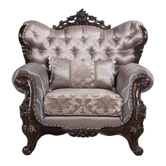 Fauteuil capitonné floral en tissu gris clair et chêne antique de 46 po