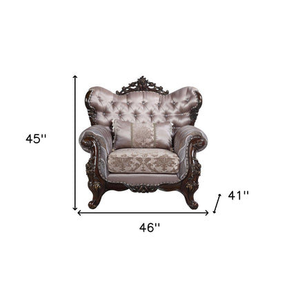 Fauteuil capitonné floral en tissu gris clair et chêne antique de 46 po