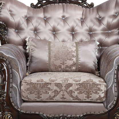 Fauteuil capitonné floral en tissu gris clair et chêne antique de 46 po