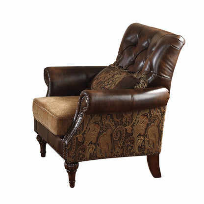 Fauteuil capitonné à motif floral en similicuir marron et noir de 38 po