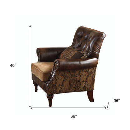 Fauteuil capitonné à motif floral en similicuir marron et noir de 38 po