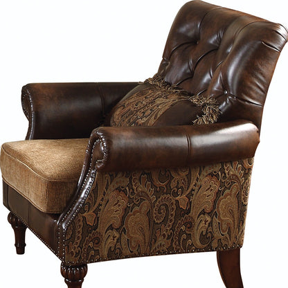 Fauteuil capitonné à motif floral en similicuir marron et noir de 38 po