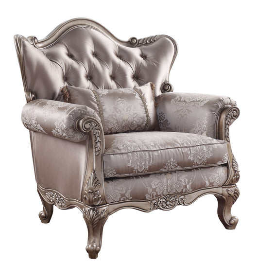 Fauteuil capitonné à motif floral en tissu champagne de 45 po