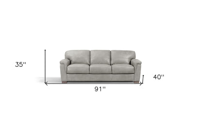 91" Gray Leather Sofa With Black Legs