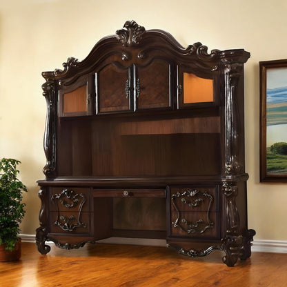 76" Dark Brown Wood Peninsula Credenza Desk With Four Cabinets Three Drawers