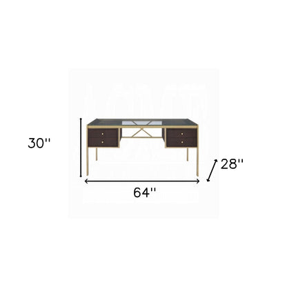 Bureau d'écriture en verre transparent et doré de 64 po avec quatre tiroirs