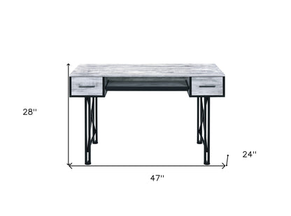 Bureau d'ordinateur blanc et noir vieilli de 47 po avec deux tiroirs