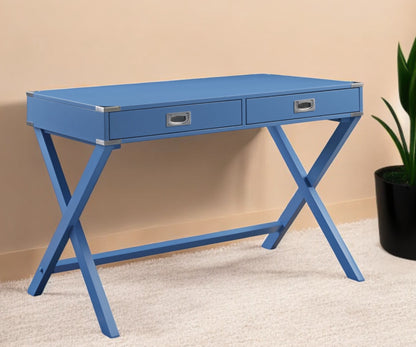 42" Blue Writing Desk With Two Drawers