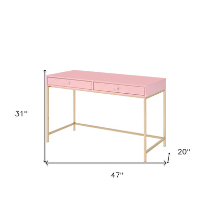 Bureau rose et doré de 47 po avec deux tiroirs