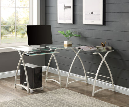 Bureau d'ordinateur en forme de L en verre transparent et blanc de 51 po