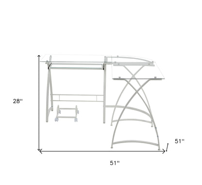 Bureau d'ordinateur en forme de L en verre transparent et blanc de 51 po