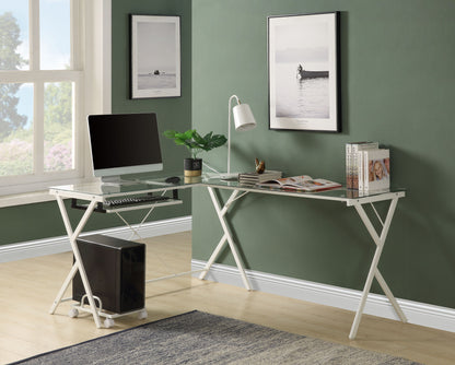 Bureau d'ordinateur en forme de L en verre transparent et blanc de 62 po